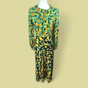 Closet London Green Orange Yellow Floral Print Maxi Dress UK 10 US 6 Long Sleeve